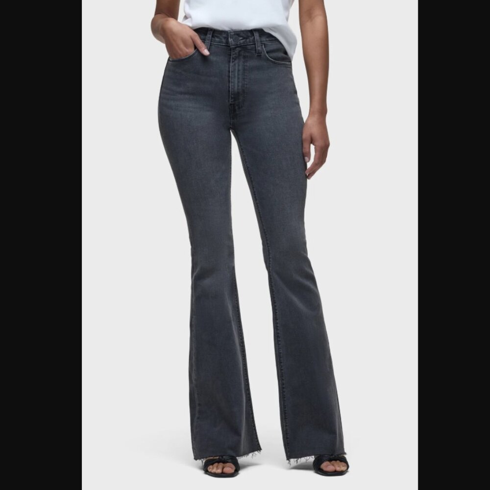 Hudson Flare High Rise Washed Black Denim Raw Hem Holly Jeans